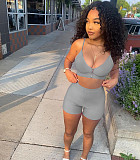 Sexy Solid Color Zipper Women Spaghetti Strap V Neck Crop Top Biker Shorts Summer Two Piece Set NIYA-8072