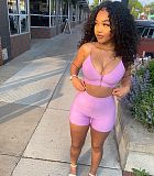 Sexy Solid Color Zipper Women Spaghetti Strap V Neck Crop Top Biker Shorts Summer Two Piece Set NIYA-8072