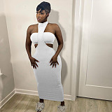 Solid Color Halter Neck Hollow Out Long Dress+Strapless Crop Top 2 Piece Set FOS-8091