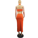 Solid Color Halter Neck Hollow Out Long Dress+Strapless Crop Top 2 Piece Set FOS-8091