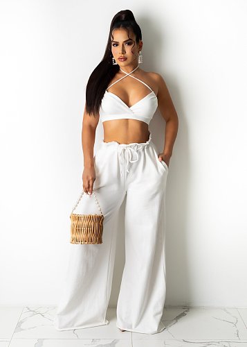 Fashion Women Clothing Solid Sleeveless Halter Crop Tops Wide Leg Pants Summer 2021 Two Piece Sets DY-6966