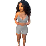 Sexy Solid Color Zipper Women Spaghetti Strap V Neck Crop Top Biker Shorts Summer Two Piece Set NIYA-8072
