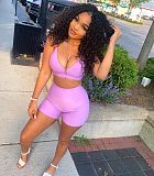 Sexy Solid Color Zipper Women Spaghetti Strap V Neck Crop Top Biker Shorts Summer Two Piece Set NIYA-8072