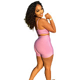 Sexy Solid Color Zipper Women Spaghetti Strap V Neck Crop Top Biker Shorts Summer Two Piece Set NIYA-8072