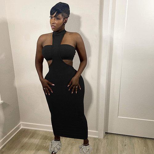 Solid Color Halter Neck Hollow Out Long Dress+Strapless Crop Top 2 Piece Set FOS-8091