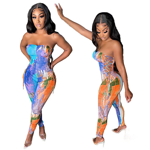 Fashion Tie Dye Print Strapless Sexy Skinny Side Lace Up Bandage Party Night Clubwear Bodycon Jumpsuit DY-6664