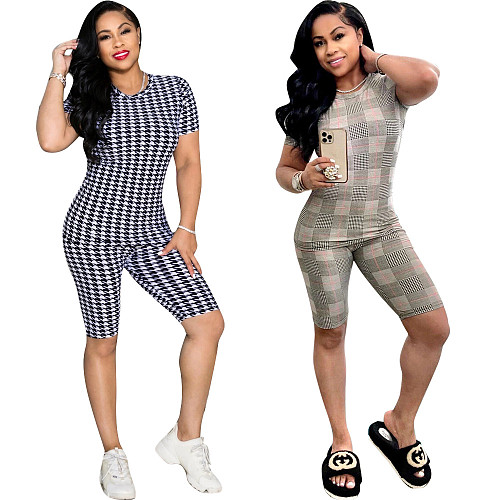 Fashion Women Plaid Printing Casual O-neck Short Sleeve T-Shirts Shorts Skinny Summer Two Piece Set HMS-5480