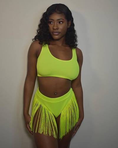 Sexy Solid Color Sleeveless Crop Top Tassel Shorts Summer Beachwear Club Two Piece Bikini Matching Sets OYF-8271