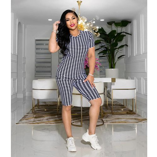 Fashion Women Plaid Printing Casual O-neck Short Sleeve T-Shirts Shorts Skinny Summer Two Piece Set HMS-5480