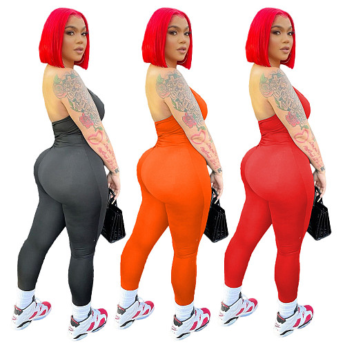 Elegant 2021 Summer Solid Color Sexy Halter Backless Women Fitness Clothes Streetwear One Piece Jumpsuit YUM-09080