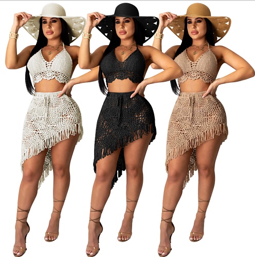 Women Summer Sexy Beach Crochet Bra Crop Top Drawstring Asymmetrical Tassel Skirt 2 Piece Set ZS-070