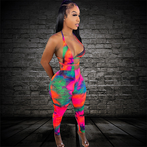 Sexy Tie Dye Cut Out Waist Backless Sleeveless Bodycon Party Halter Neck Bandage Women's Jumpsuit CN-0147