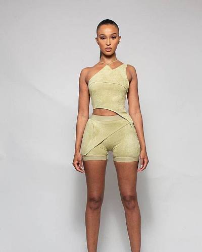Fashion Women Solid Color Suede Sleeveless Vest Crop Top Shorts Casual Streetwear Two Piece Set MDF-5239