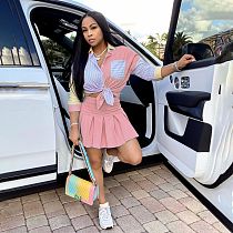 XS Sexy Casual Elegant Patchwork Striped Print Three-Quarter Sleeve Shirt Pleated Mini Skirt Two Piece Set HMS-5485
