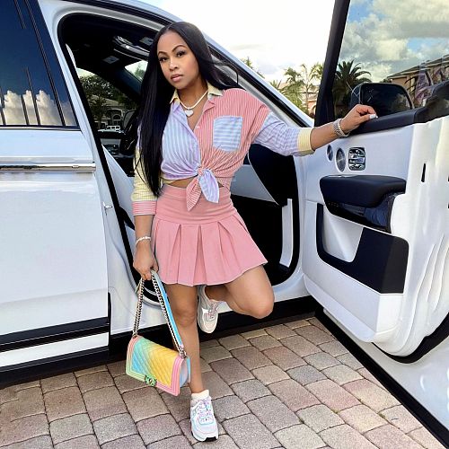 XS Sexy Casual Elegant Patchwork Striped Print Three-Quarter Sleeve Shirt Pleated Mini Skirt Two Piece Set HMS-5485