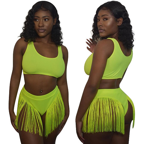 Sexy Solid Color Sleeveless Crop Top Tassel Shorts Summer Beachwear Club Two Piece Bikini Matching Sets OYF-8271