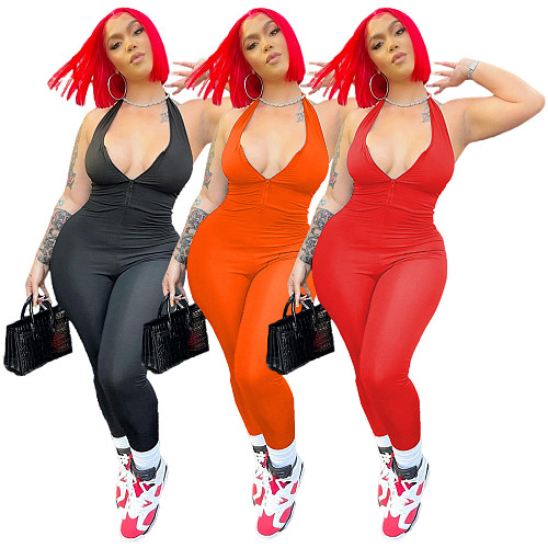 Elegant 2021 Summer Solid Color Sexy Halter Backless Women Fitness Clothes Streetwear One Piece Jumpsuit YUM-09080