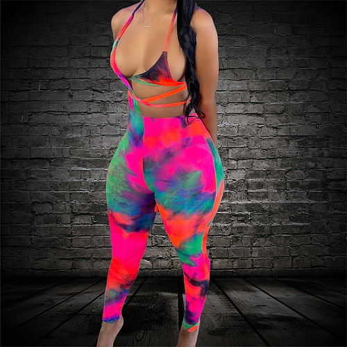 Sexy Tie Dye Cut Out Waist Backless Sleeveless Bodycon Party Halter Neck Bandage Women's Jumpsuit CN-0147