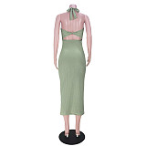 Women Sexy Solid Color Sleeveless Hollow Out Backless Halter Bandage Summer Maxi Long Dress ASL-6386