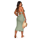 Women Sexy Solid Color Sleeveless Hollow Out Backless Halter Bandage Summer Maxi Long Dress ASL-6386