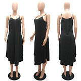 Women Solid Color Deep V Neck Sexy Split Side Sleeveless Spaghetti Straps Casual Beach Maxi Dress MAE-2106