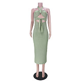 Women Sexy Solid Color Sleeveless Hollow Out Backless Halter Bandage Summer Maxi Long Dress ASL-6386