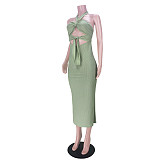 Women Sexy Solid Color Sleeveless Hollow Out Backless Halter Bandage Summer Maxi Long Dress ASL-6386