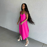 Women Solid Color Deep V Neck Sexy Split Side Sleeveless Spaghetti Straps Casual Beach Maxi Dress MAE-2106