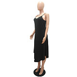 Women Solid Color Deep V Neck Sexy Split Side Sleeveless Spaghetti Straps Casual Beach Maxi Dress MAE-2106