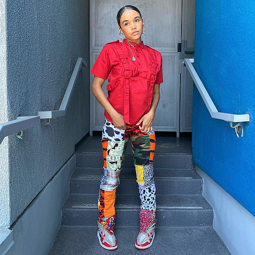 Casual Vintage Print Women Harajuku Mid Waist 2021 Summer Fashion Streetwear Straight Pants WSM-5262