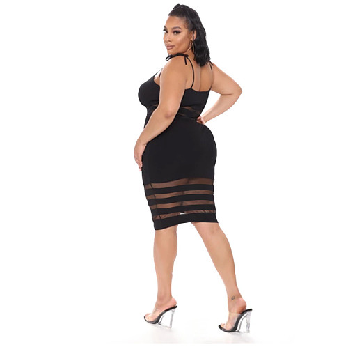 2021 Summer Women Black Plus Size Mesh Patchwork Spaghetti Strap Sleeveless Bodycon Knee-Length Midi Dress JLY-19208