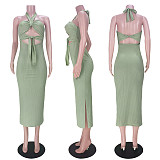 Women Sexy Solid Color Sleeveless Hollow Out Backless Halter Bandage Summer Maxi Long Dress ASL-6386