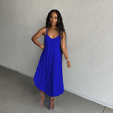 Women Solid Color Deep V Neck Sexy Split Side Sleeveless Spaghetti Straps Casual Beach Maxi Dress MAE-2106