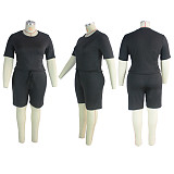 Plus Size Solid Color Short Sleeve O Neck T Shirt Lace Up Shorts Summer Women Clothing Two Piece Set JLY-19210