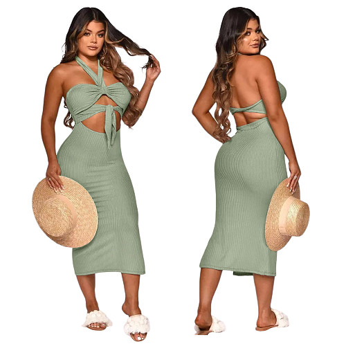 Women Sexy Solid Color Sleeveless Hollow Out Backless Halter Bandage Summer Maxi Long Dress ASL-6386