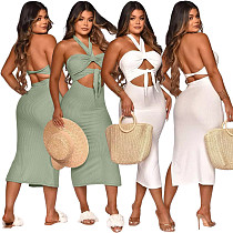 Women Sexy Solid Color Sleeveless Hollow Out Backless Halter Bandage Summer Maxi Long Dress ASL-6386