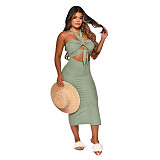 Women Sexy Solid Color Sleeveless Hollow Out Backless Halter Bandage Summer Maxi Long Dress ASL-6386