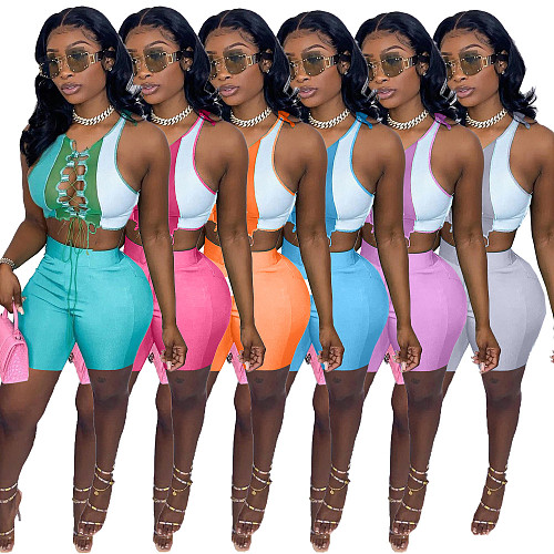 Women Suit Summer Color Patchwork Cut Out Lace-up Crop Tops Biker Shorts Streetwear Sexy 2 Piece Set NM-8361