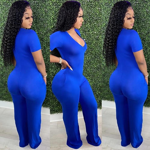 2021 Summer Leisure Women Fashion Street Slim Sexy Nightclub Deep V Short Sleeve Wide Leg Jumpsuit MEM-88372
