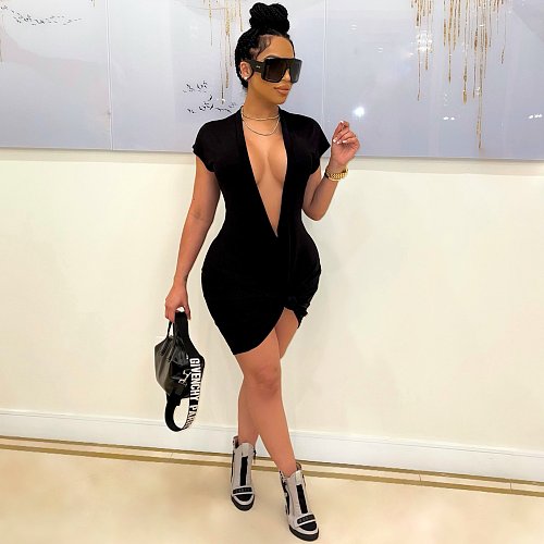 Women Fashion High Waist Cleavage Package Hip Solid Deep V Neck Short Sleeve T-shirt Slim Midi Dress CHY-1340