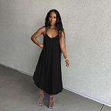 Women Solid Color Deep V Neck Sexy Split Side Sleeveless Spaghetti Straps Casual Beach Maxi Dress MAE-2106