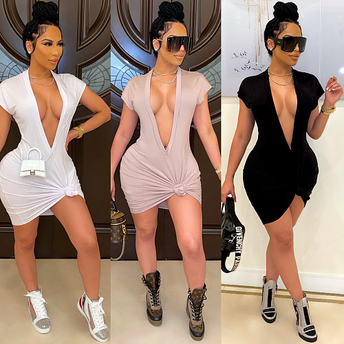 Women Fashion High Waist Cleavage Package Hip Solid Deep V Neck Short Sleeve T-shirt Slim Midi Dress CHY-1340