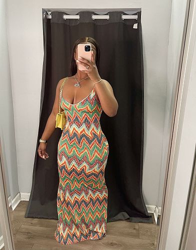 Summer Clothing Sexy Printed Sleeveless Spaghetti Strap Mid Waist A Line Club Party Long Maxi Dress ANDI-0606