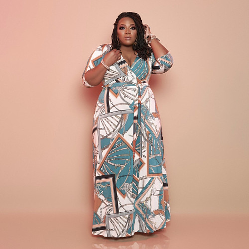 Plus Size Half Sleeve V Neck High Waist Knitted Lace Up Women Loose Fit Long Maxi Dress OSS-21116