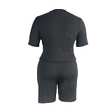 Plus Size Solid Color Short Sleeve O Neck T Shirt Lace Up Shorts Summer Women Clothing Two Piece Set JLY-19210