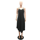 Women Solid Color Deep V Neck Sexy Split Side Sleeveless Spaghetti Straps Casual Beach Maxi Dress MAE-2106