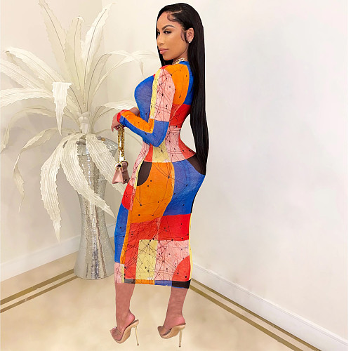 Fashion Streetwear Contrast Color Long Sleeve O Neck Women Party Bodycon Mesh Long Dress CHY-1341
