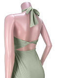 Women Sexy Solid Color Sleeveless Hollow Out Backless Halter Bandage Summer Maxi Long Dress ASL-6386