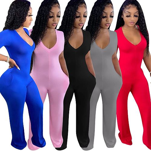 2021 Summer Leisure Women Fashion Street Slim Sexy Nightclub Deep V Short Sleeve Wide Leg Jumpsuit MEM-88372