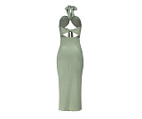 Women Sexy Solid Color Sleeveless Hollow Out Backless Halter Bandage Summer Maxi Long Dress ASL-6386